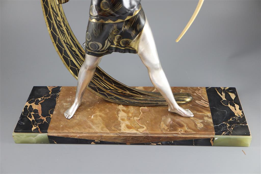 Lucien Gibert (1904-1988) - an Art Deco silvered spelter figure of a female archer, H. 26.5in. W. 22.5in.